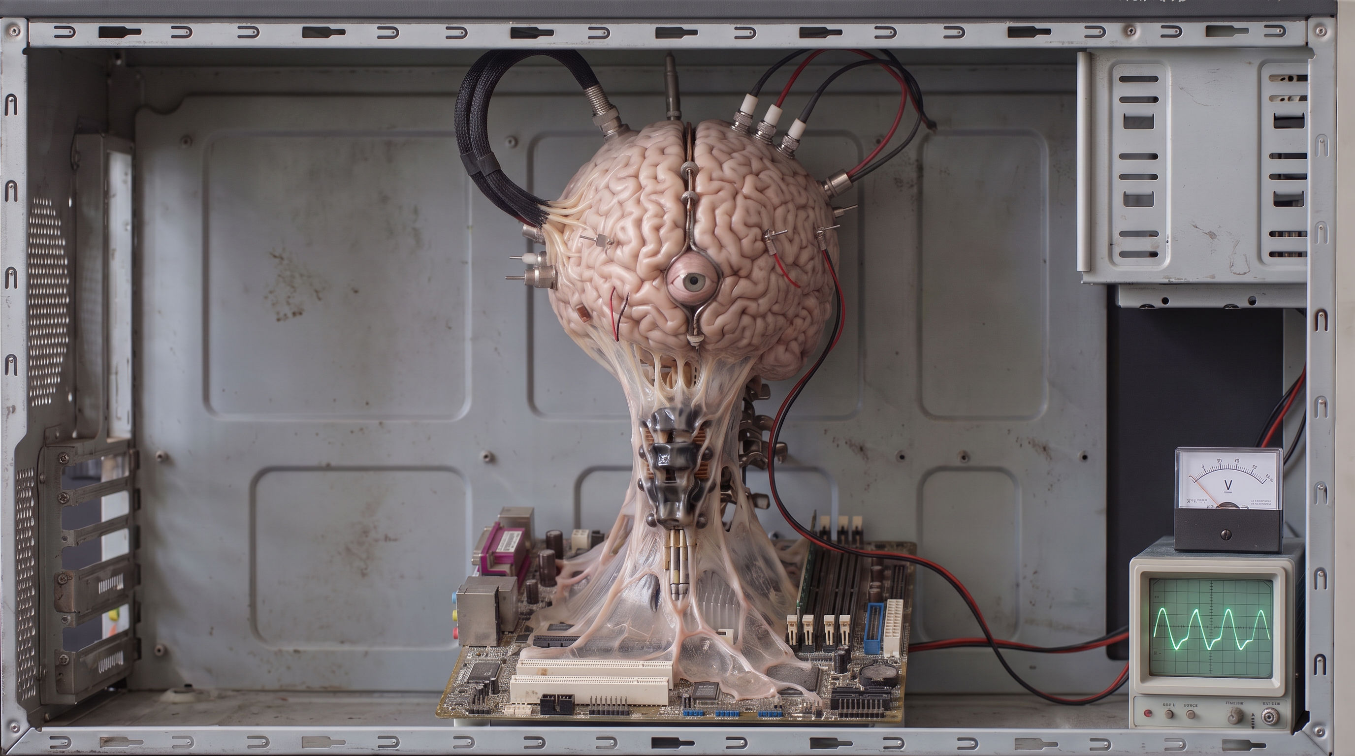 Clinical brain specimen joined to computer hardware