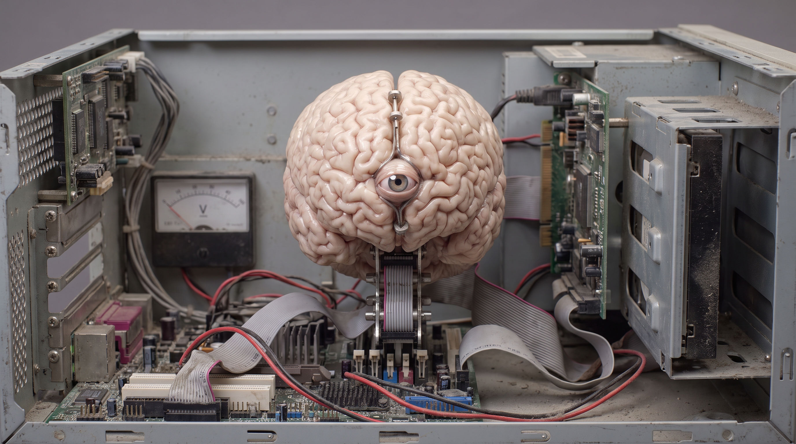 A wet vascular brain with its eye centered in the hemisphere split, suspended in an open computer chassis with cables, nerves and a membrane-covered motherboard.